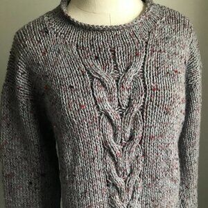 Handknit Gray and Maroon Wool Cable Knit Long Line Fringe Sweater Size M